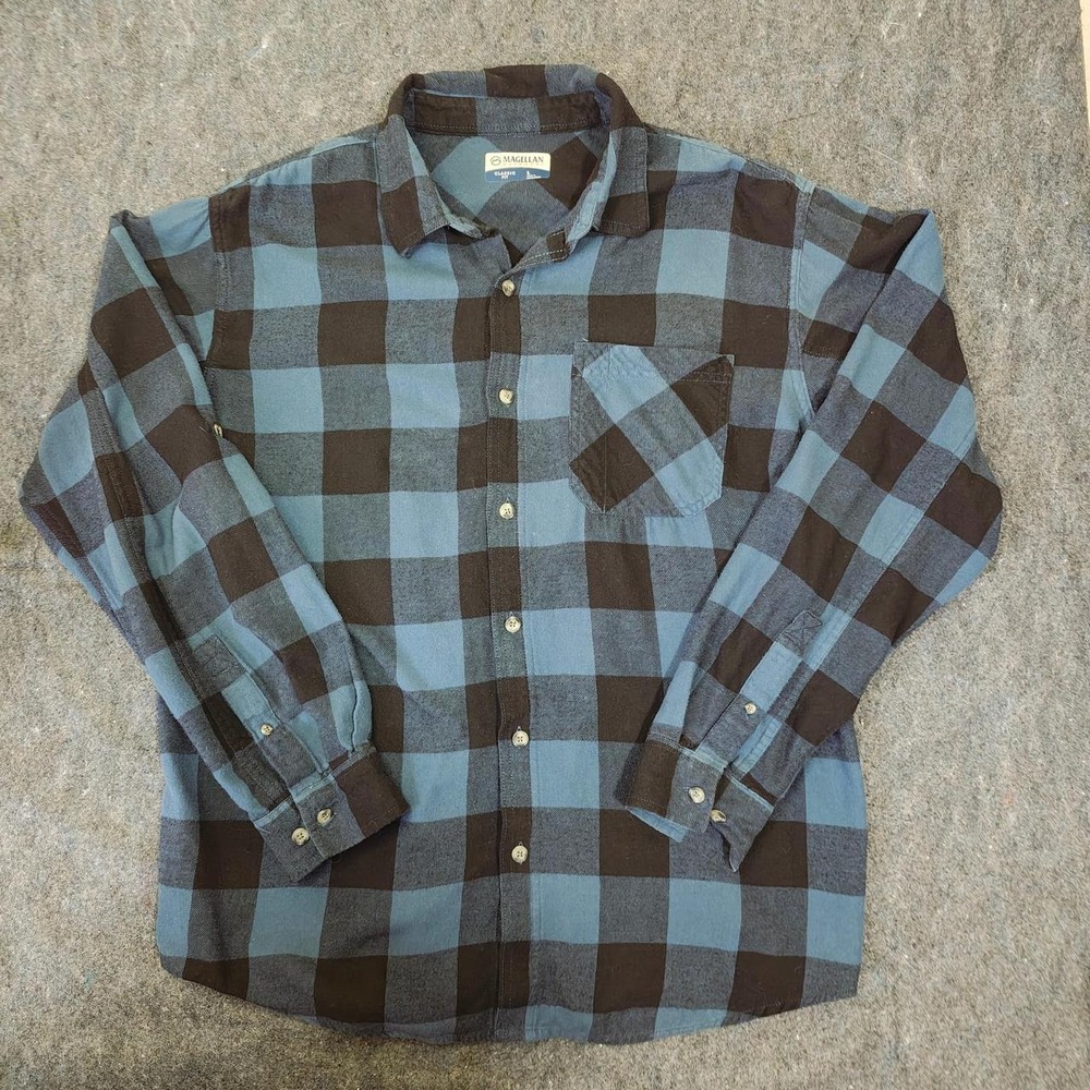 Magellan Outdoors Mens Blue Brown Flannel Shirt Classic Fit Large Cotton Plaid